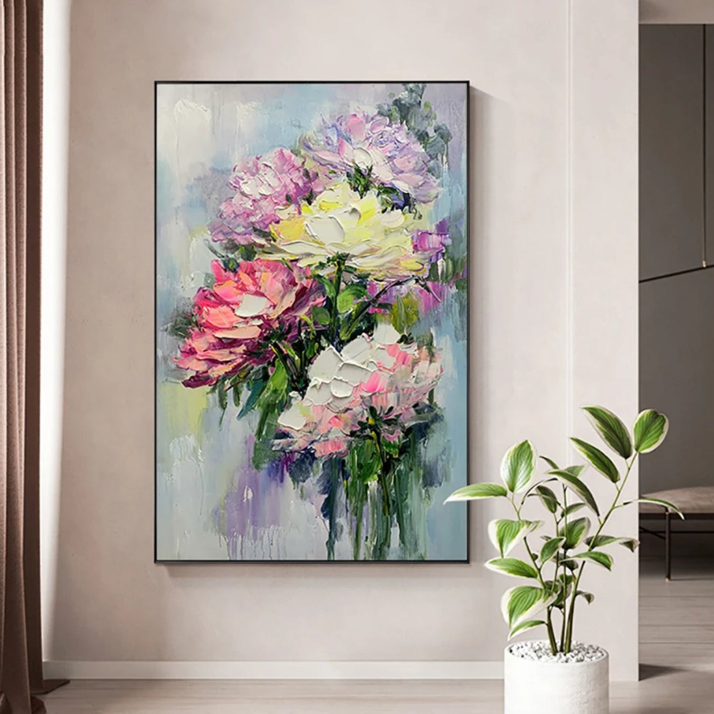 Impasto Acrylic Peonies Heavy Textured Floral Canvas Painting