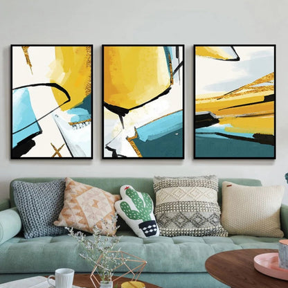 Yellow Blue Colour Splash Nordic 3 Canvas Painting