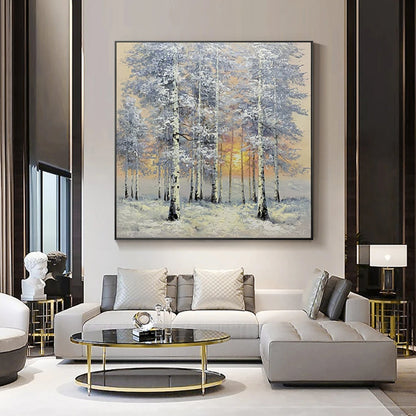 Nordic Snowy Birch Forest Landscape Sunrise Oil Painting