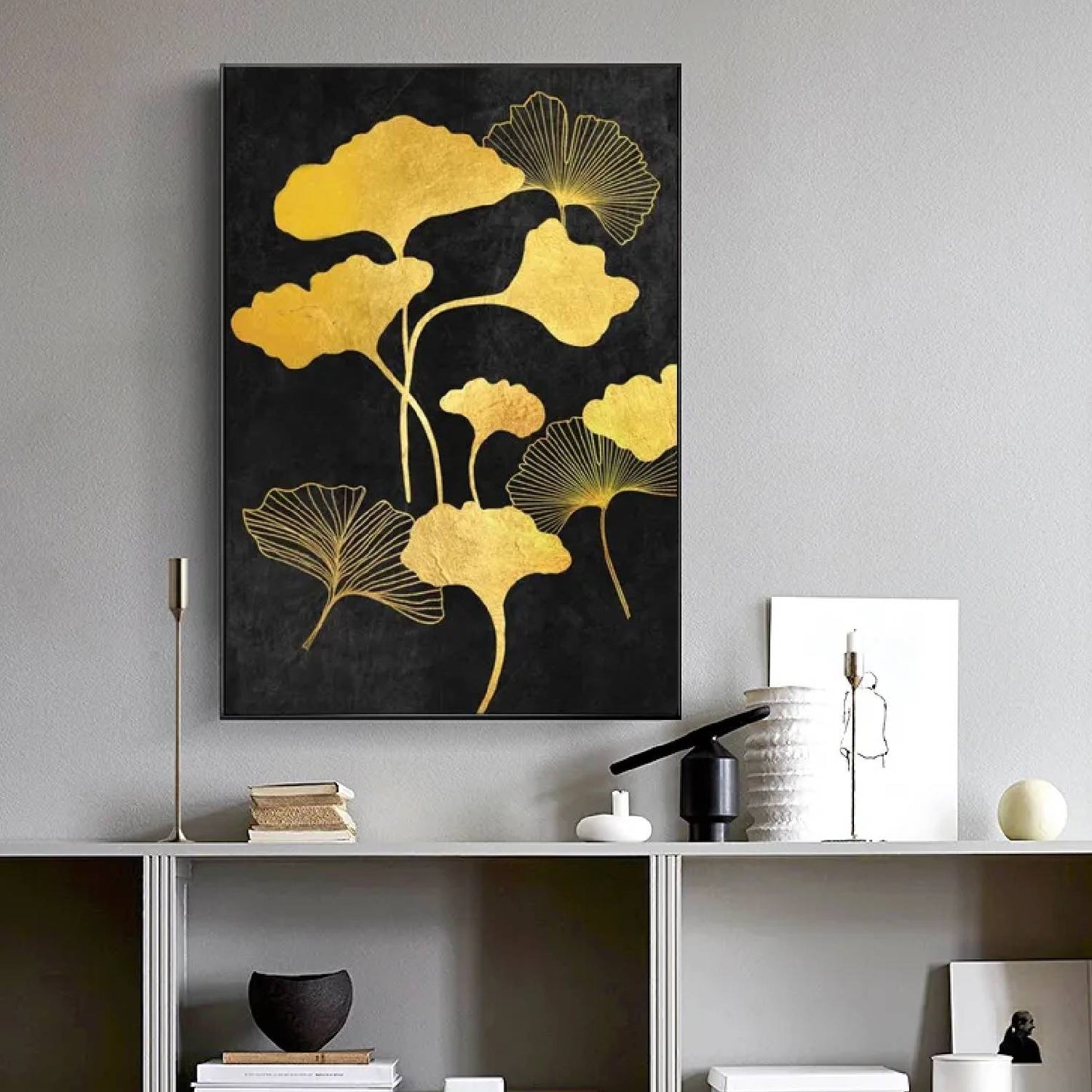 Nostalgic Gold Leaves Floral Art on Black Canvas