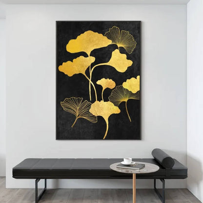 Nostalgic Gold Leaves Floral Art on Black Canvas