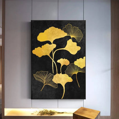 Nostalgic Gold Leaves Floral Art on Black Canvas