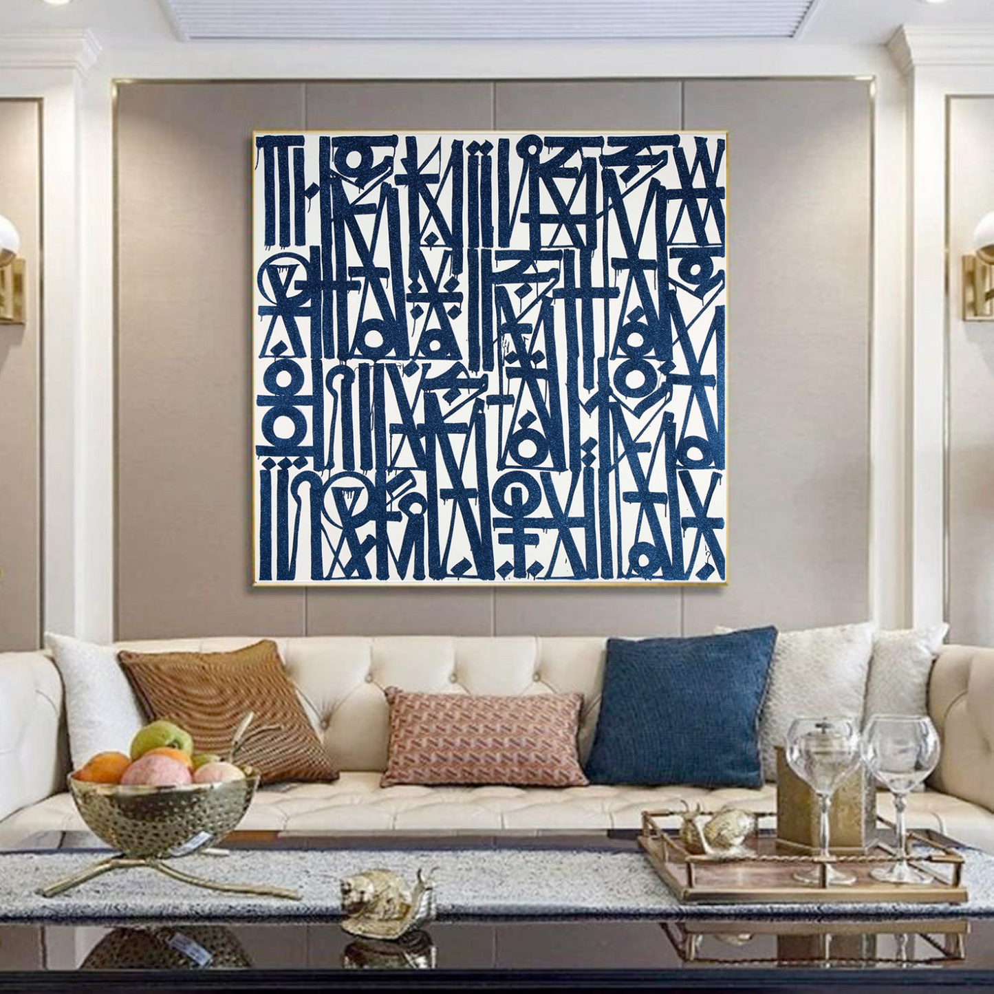 Square White Blue Fonts Retna Replica Oil Painting