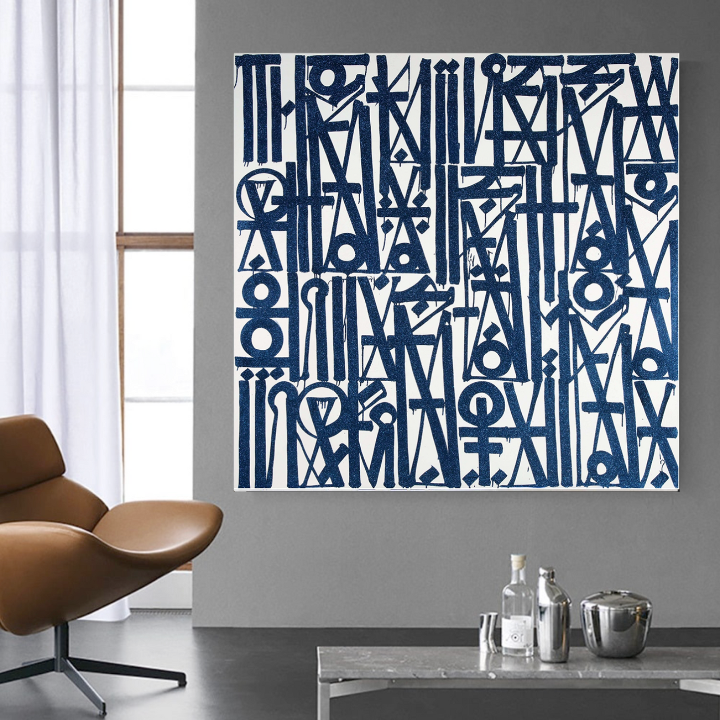 Square White Blue Fonts Retna Replica Oil Painting