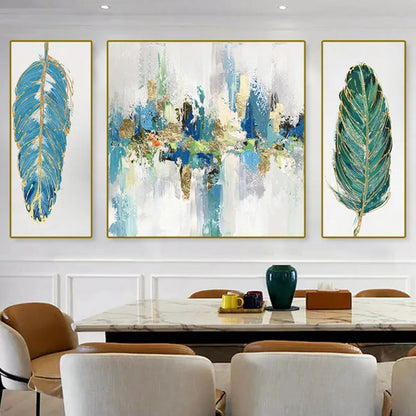 Two Leaf Multicolour Set of 3 Abstract Living Room Oil Painting