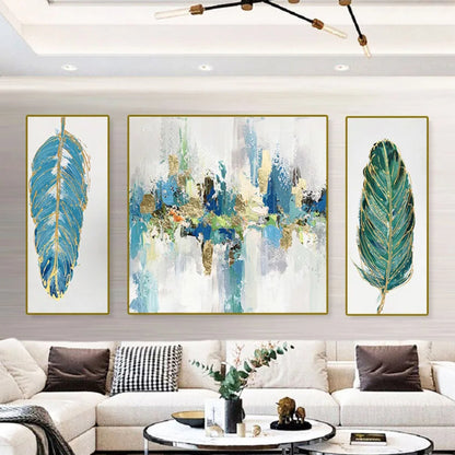 Two Leaf Multicolour Set of 3 Abstract Living Room Oil Painting