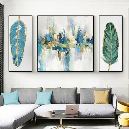 Two Leaf Multicolour Set of 3 Abstract Living Room Oil Painting