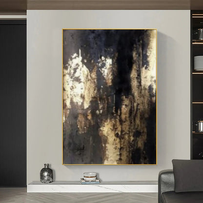 Vertical Black Gold Foil Abstract Expressionism Wall Painting