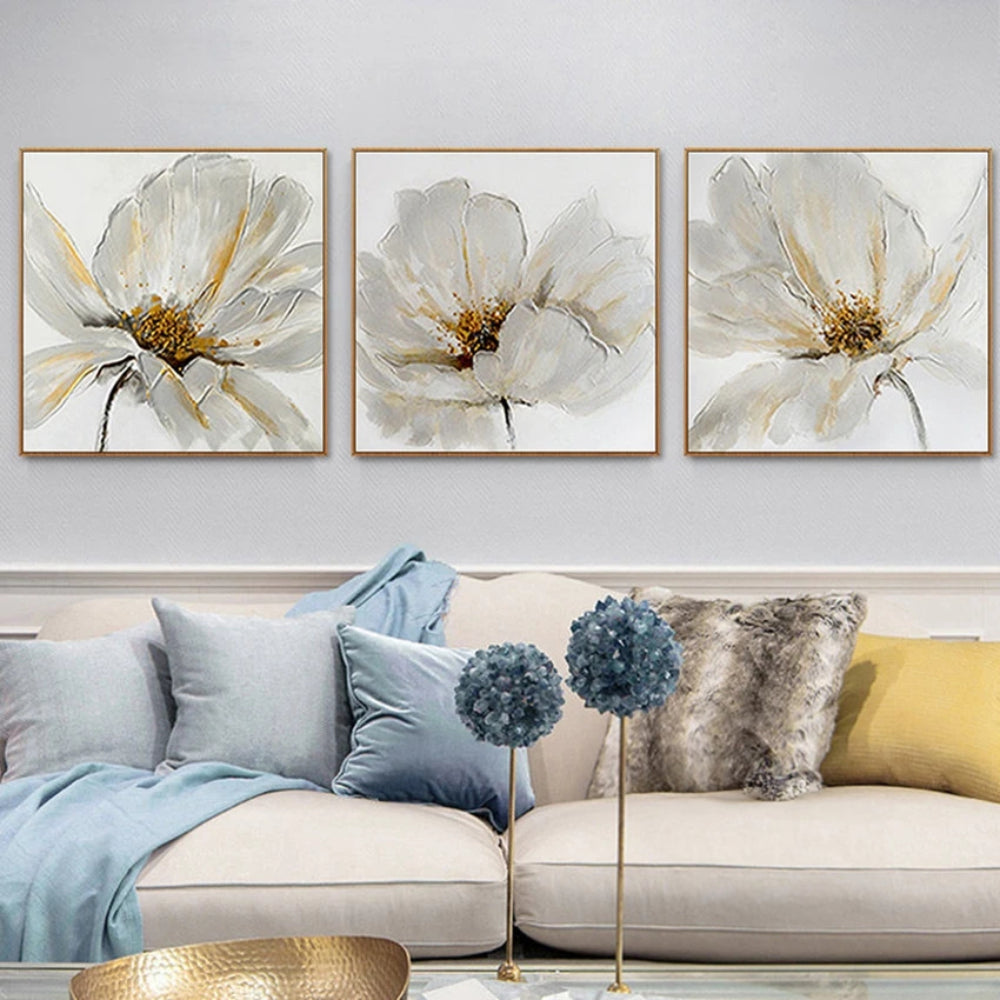 White Colour Blooming Flower Set of 3 Home Decor Painting