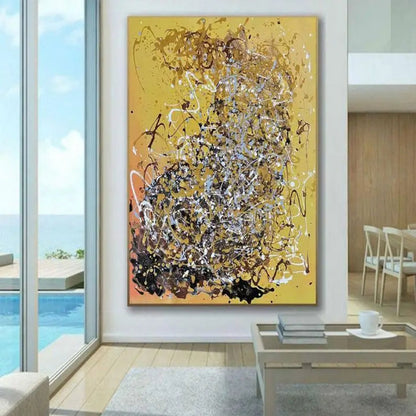 Yellow Acrylic Paint Pouring Pollock Style Replica Artwork