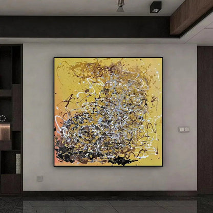 Yellow Acrylic Paint Pouring Pollock Style Replica Artwork