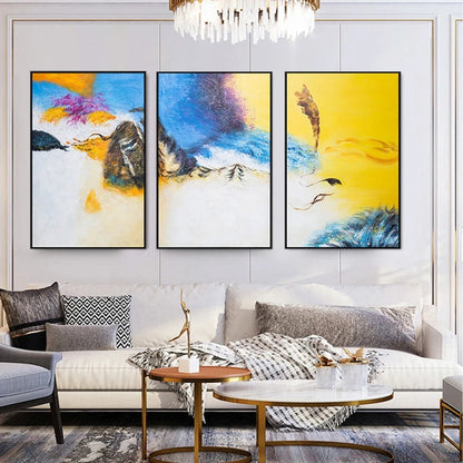 Yellow Blue Blend Set of 3 Abstract Home Decor Painting